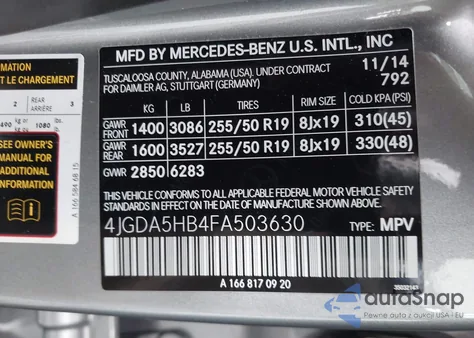 2015 Mercedes-Benz Ml 350 4Matic из США, поврежденный, VIN 4JGDA5HB4FA503630